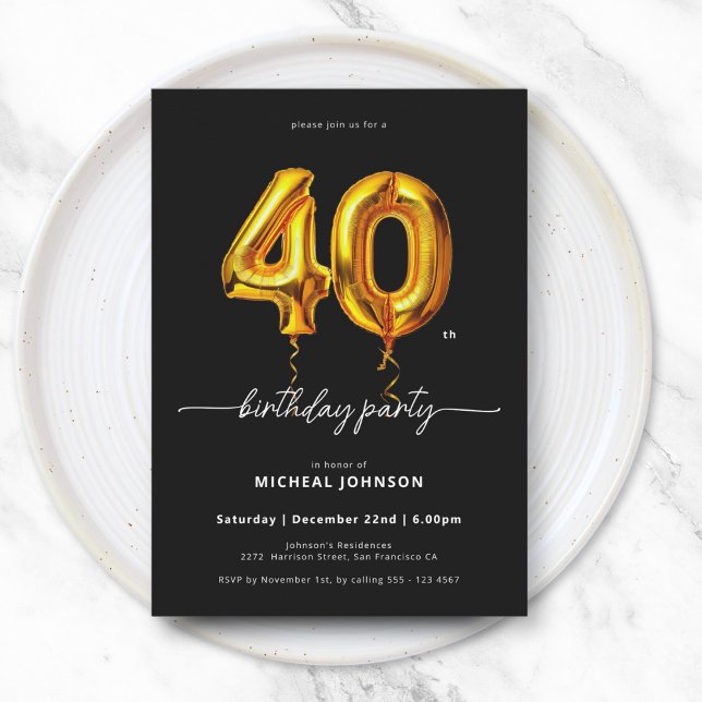Gold Balloon Black 40th Birthday Invitation (Gold Balloon Black 40th Birthday Invitation)