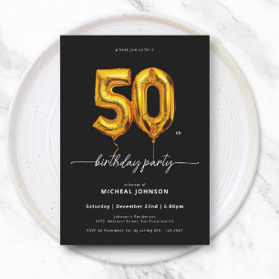 Gold Balloon Black 50th Birthday Invitation