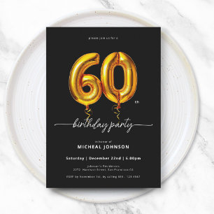 Gold Balloon Black 60th Birthday Invitation