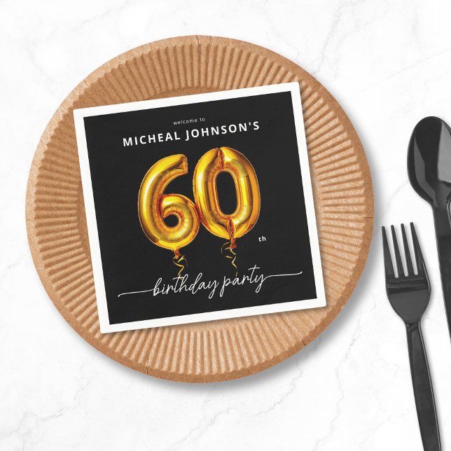 Gold Balloon Black 60th Birthday Party Napkin (Gold Balloon Black 60th Birthday Party Napkins)