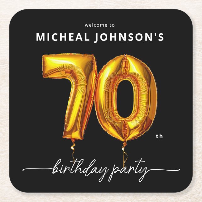 Gold Balloon Black 70th Birthday Party Square Paper Coaster (Front)