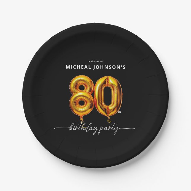 Gold Balloon Black 80th Birthday Party Paper Plate (Front)