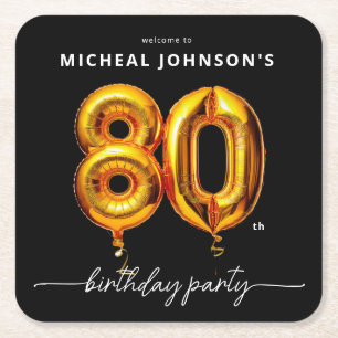 Gold Balloon Black 80th Birthday Party Square Paper Coaster
