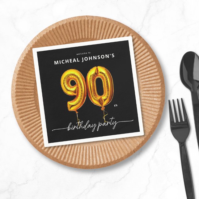 Gold Balloon Black 90th Birthday Party Napkin (Gold Balloon Black 90th Birthday Party Napkins)