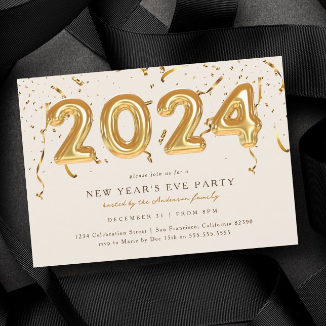 Gold Balloon Confetti 2024 New Year's Eve Party Invitation (Creator Uploaded)