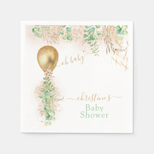 Gold Balloon Eucalyptus Glitter Baby Shower Napkin (Front)