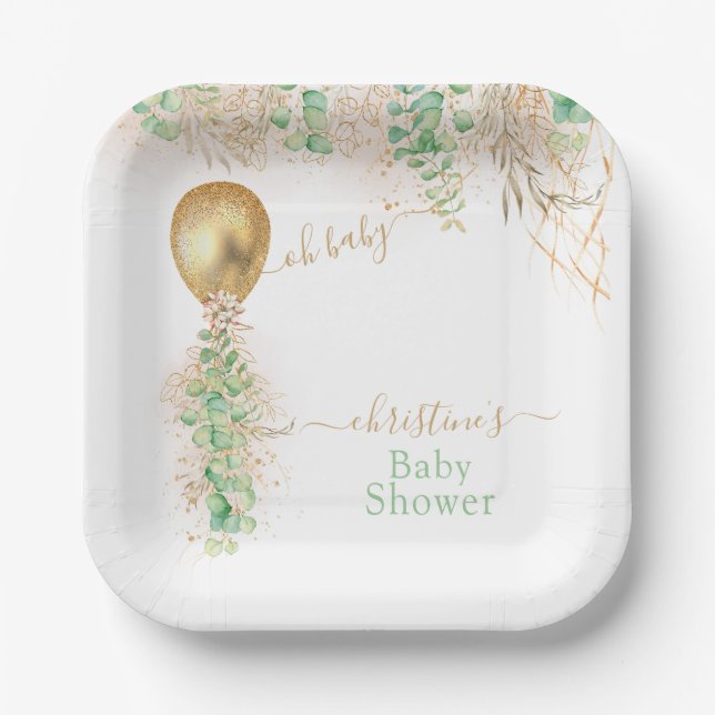 Gold Balloon Eucalyptus Glitter Baby Shower Paper Plate (Front)