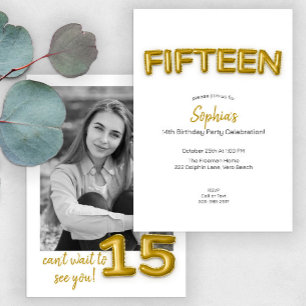 Gold Balloon Fifteenth Birthday Photo Invite