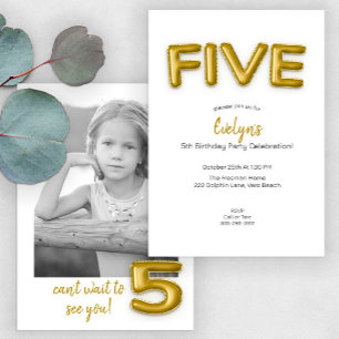 Gold Balloon Fifth Birthday Photo Invite