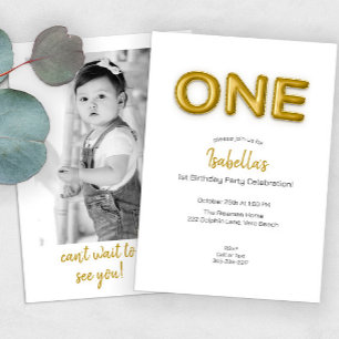 Gold Balloon First Birthday Photo Party Invite 