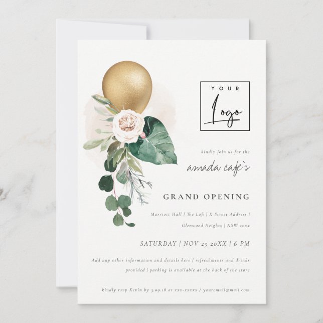 Gold Balloon Floral Logo Grand Opening Invite  (Front)