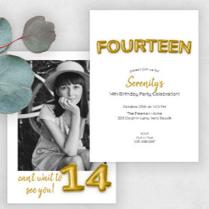 Gold Balloon Fourteenth Birthday Photo Invite
