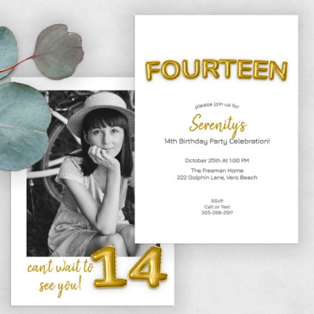 Gold Balloon Fourteenth Birthday Photo Invite (Creator Uploaded)