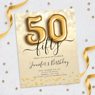 Gold Balloon Glitter 50th Birthday Party Invite Flyer