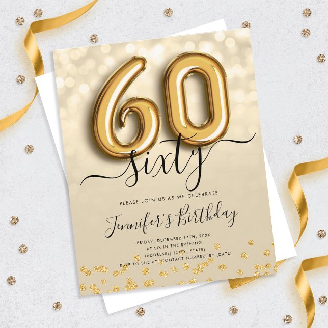 Gold Balloon Glitter 60th Birthday Party Invite (Creator Uploaded)