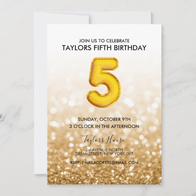 Gold Balloon Gold Glitter 5th Birthday Party Invitation (Front)