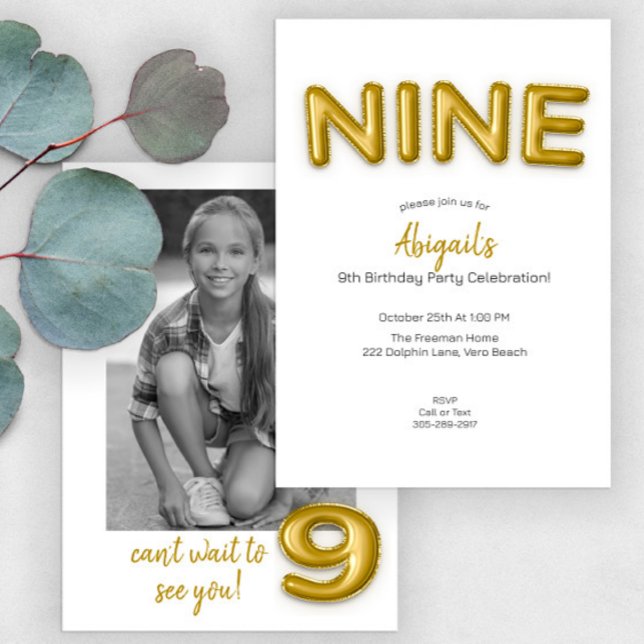 Gold Balloon Ninth Birthday Photo Invite (Creator Uploaded)