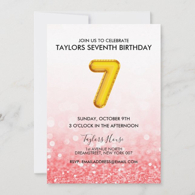 Gold Balloon Red Pink Glitter 7th Birthday Party Invitation (Front)