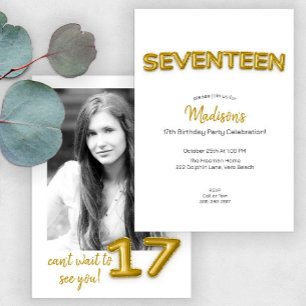 Gold Balloon Seventeenth Birthday Photo Invite