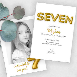 Gold Balloon Seventh Birthday Photo Invite