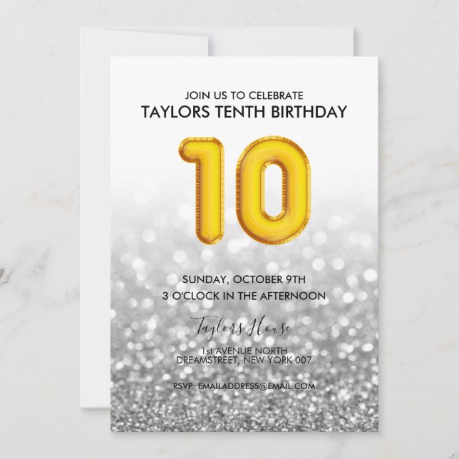 Gold Balloon Silver Glitter 10th Birthday Party Invitation (Front)