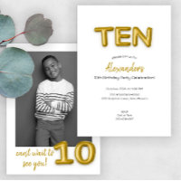 Gold Balloon Tenth Birthday Photo Invite