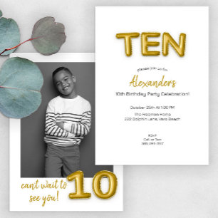 Gold Balloon Tenth Birthday Photo Invite