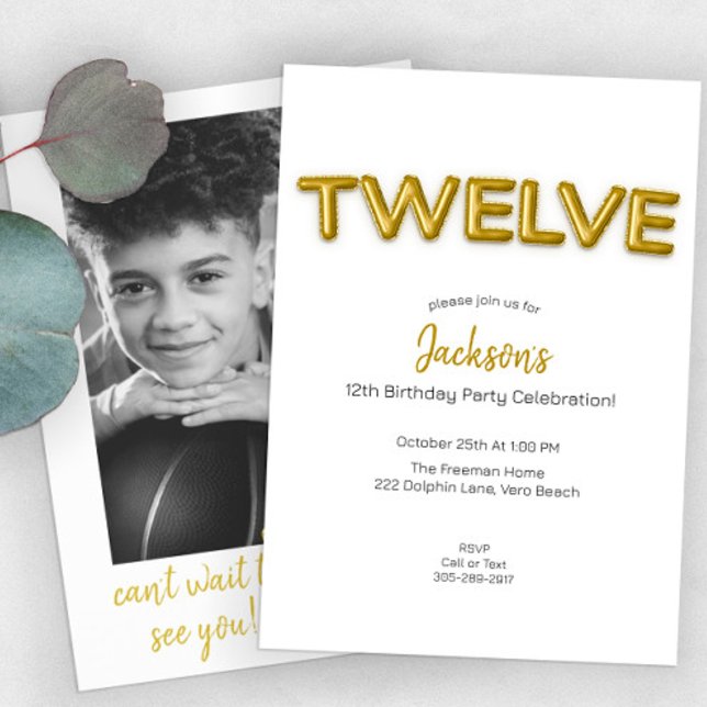 Gold Balloon Twelfth Birthday Photo Invite (Creator Uploaded)