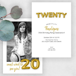 Gold Balloon Twentieth Birthday Photo Invite
