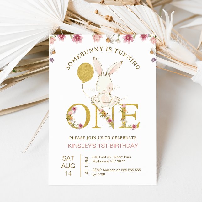 Gold Balloon Wildflowers Some Bunny 1st Birthday Invitation (Some bunny is turning one 1st birthday invitation with a white bunny, wildflowers and old balloon.)