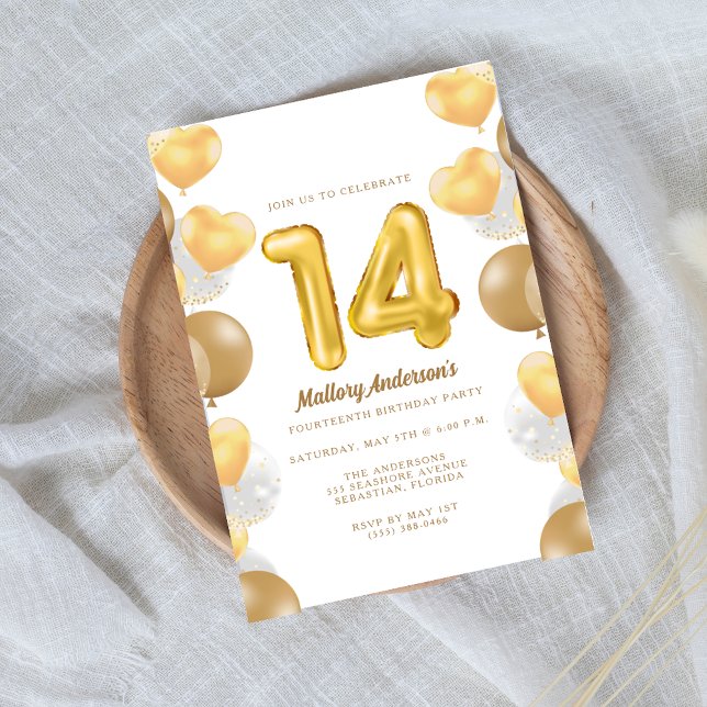 Gold Balloons 14th Birthday Party  Invitation (Creator Uploaded)