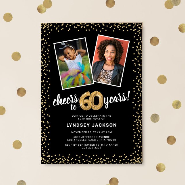 Gold Balloons 2 Photo 60th Birthday  Invitation (Creator Uploaded)
