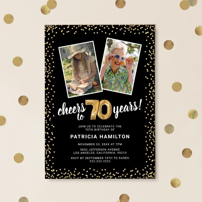 Gold Balloons 2 Photo 70th Birthday  Invitation (Creator Uploaded)