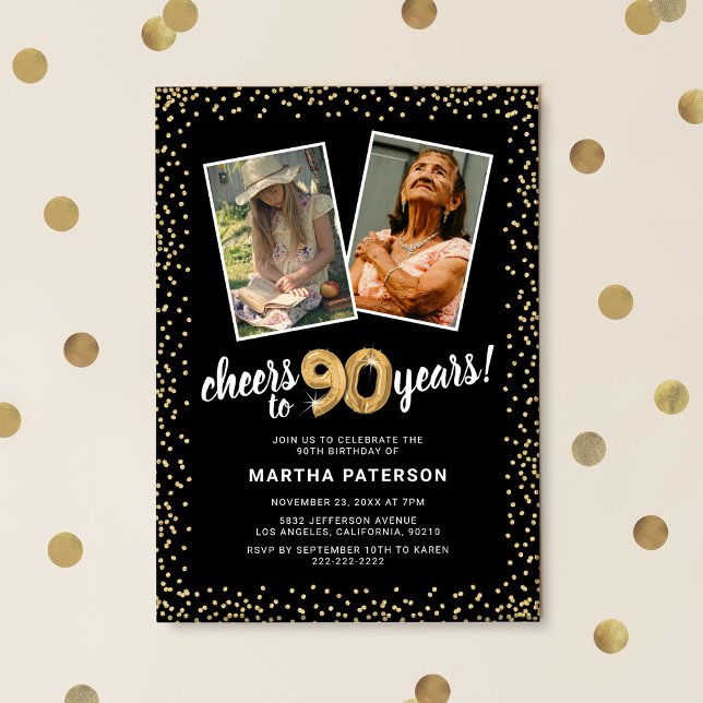Gold Balloons 2 Photo 90th Birthday  Invitation (Creator Uploaded)