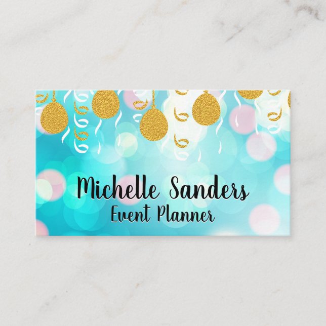 Gold Balloons and Confetti | Bokeh Backround Business Card (Front)