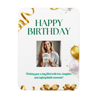 Gold Balloons Birthday Card with Gifts and Ribbons Magnet