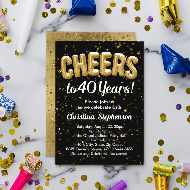 Gold Balloons Cheers to 40 Years 40th Birthday Invitation (cheers to 40 years birthday party invitation 40th)