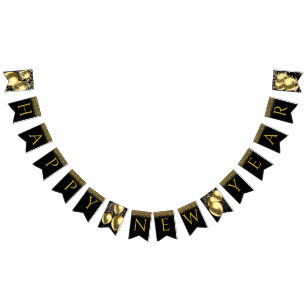 Gold balloons, confetti Happy New Year letters Bunting