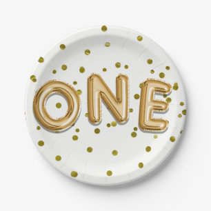 Gold Balloons & Confetti ONE 1st Birthday Party Paper Plate