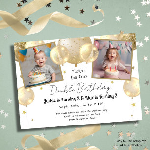 Gold Balloons Double Birthday Gold Kids Party Invitation