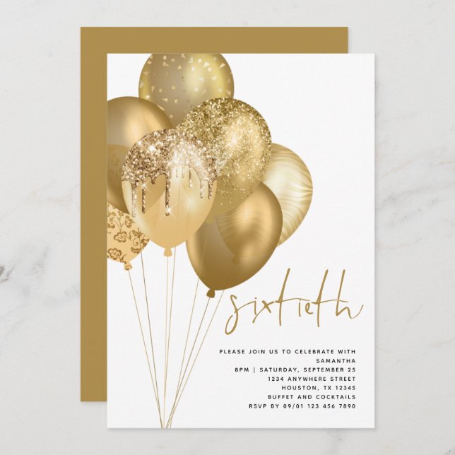 Gold Balloons Glitter 60th Birthday Party Invitation (Front/Back)