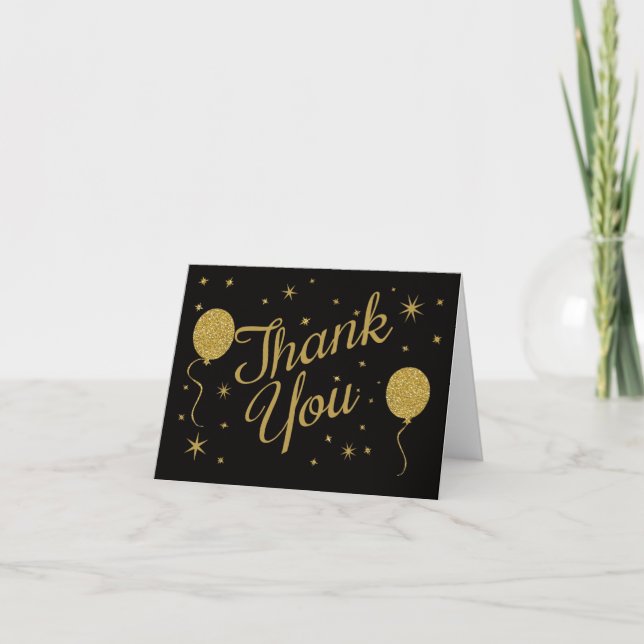 Gold Balloons Thank You Cards Black Gold Stars (Front)