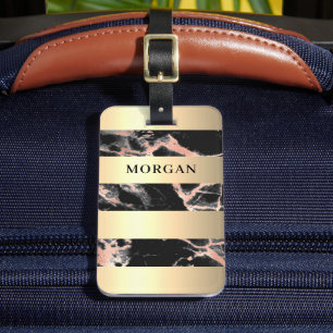 Gold Bands, Black & Rose Gold Marble, Name Luggage Tag