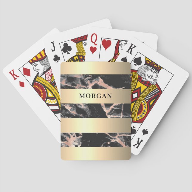 Gold Bands, Black & Rose Gold Marble, Name Playing Cards (Back)