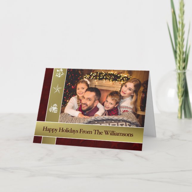 Gold Bands Red Surround Family Photo Holiday Card (Front)