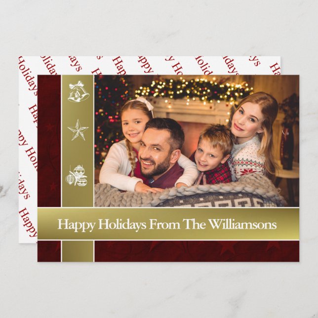Gold Bands Surround Family Photo Happy Holidays Holiday Card (Front/Back)