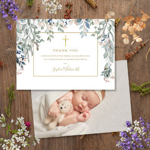 Gold Baptism Christening Photo Foliage Gold Thank You Card