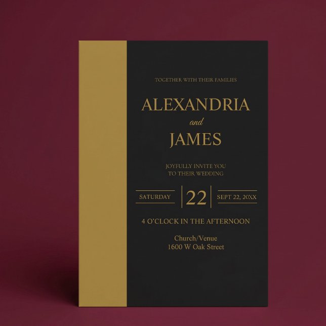 Gold Bar Black Minimalist Modern Wedding Invitation (Creator Uploaded)