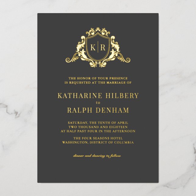 Gold Baroque Crest Dark Grey Monogram Wedding (Front)