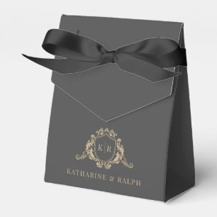 Gold Baroque Crest Dark Grey Monogram Wedding Favour Box